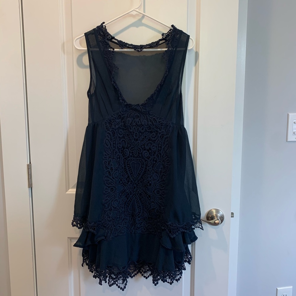 Free People bohemian sheer and lace navy dress